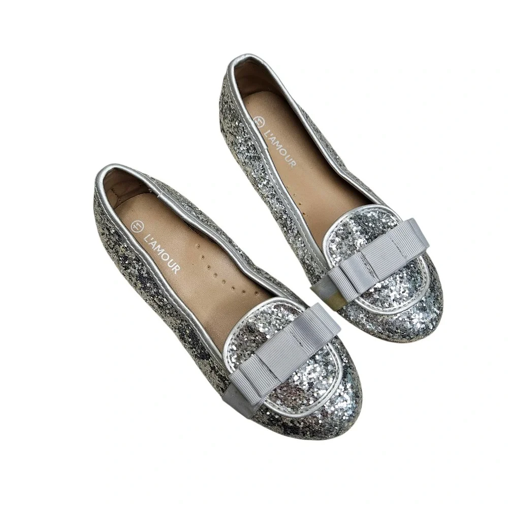 L'Amour Girls Silver Glitter Bow Flats Loafers Shoes Kids Size 11 Wedding School